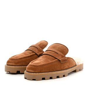 Jimmy Choo Ronnie 38 Flat Mules Shearling Tan Suede Leather Crystal Embellished